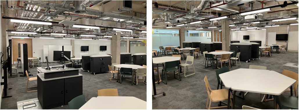 Classroom with table and chairs set up for active learning.